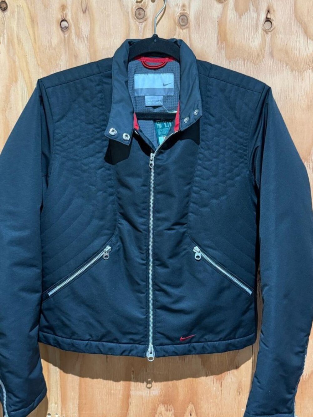 Nike Black Quilted Moto Zip Jacket Red Swoosh Size L